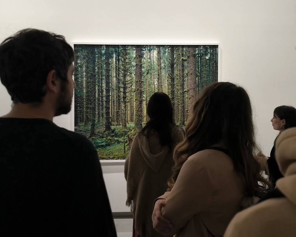 Alcuni dei partecipanti alla missione di fronte ad una fotografia che ritrae un contesto naturalistico, una foresta